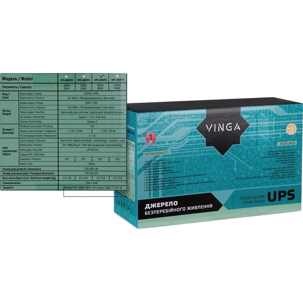 Джерело безперебійного живлення Vinga VPE-800PU 800ВА / 480 Вт з LED-індикацією з USB у пластиковому корпусі Киев - изображение 12