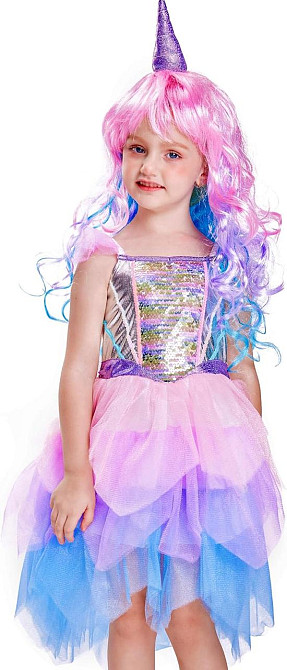 Костюм Єдинорога, карнавальна сукня для дівчаток з кольоровою перукою і фатином для свят, вечірок, вистав, гелловіна Київ - фото 5