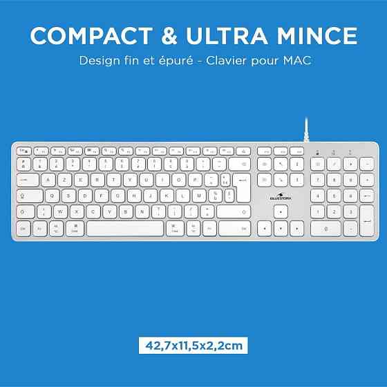 Клавіатура дротова мембранна Bluestork тиха, 13 мультимедійних клавіш, USB-A, біла AZERTY, стильна тонка для Mac, ПК, ноутбука Київ