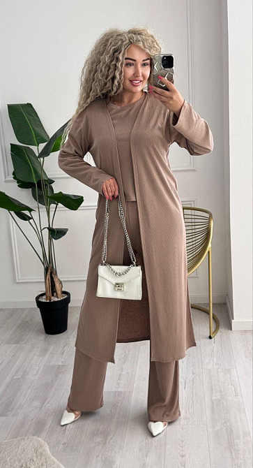 Жіночий базовий прогулянковий костюм трійка: кардиган футболка і штани трикотажний рубчик Одеса - фото 5