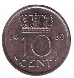 Монета 10 центов. 1959 год, Нидерланды. Полтава