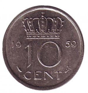 Монета 10 центів. 1959 рік, Нідерланди. Полтава - фото 1