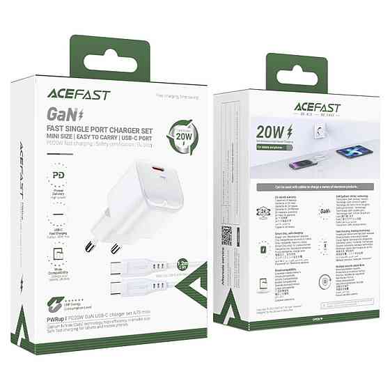 Мережевий зарядний пристрій ACEFAST A77 mini PD30W GaN single USB-C charger set White 6974316282853 Одеса