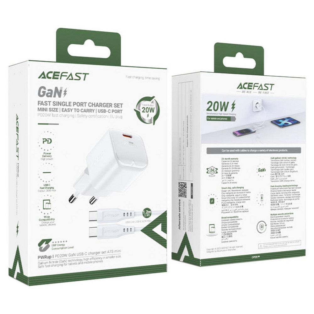 Мережевий зарядний пристрій ACEFAST A77 mini PD30W GaN single USB-C charger set White 6974316282853 Одеса - фото 1