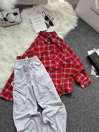 Женский повседневный костюм двойка: рубашка в клетку и штаны фланель + двунитка. Красный, 48/52 Одесса