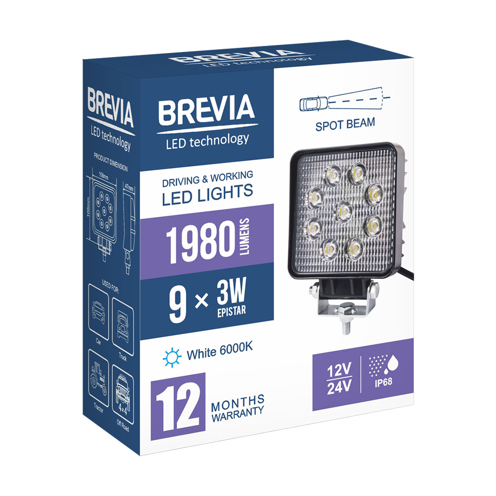 Фара світлодіодна Brevia Epistar Spot 10-30V, 27W (9x3W), 1980Lm, 1шт Львів - фото 7