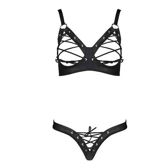Комплект Passion CELINE BIKINI 2XL/3XL black відкритий бра з стрічками стрінги з шнурівкою, екошкіра Sex Aura Київ