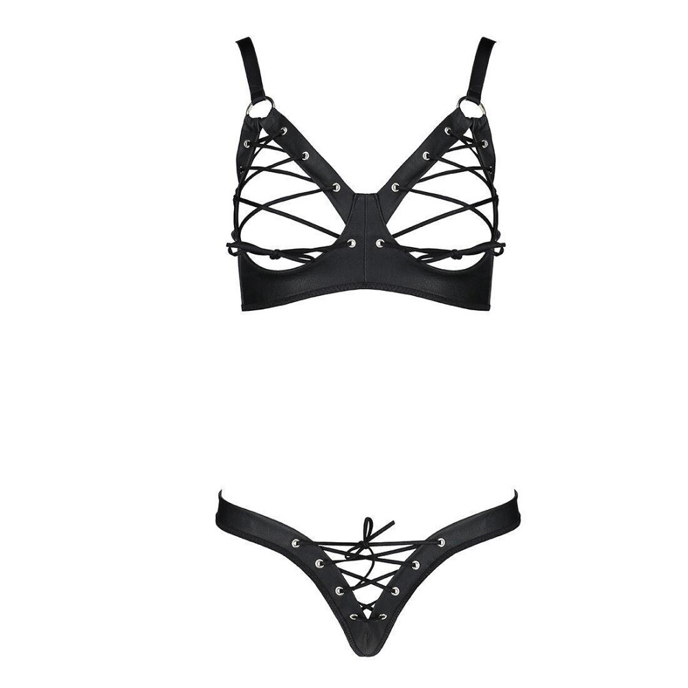 Комплект Passion CELINE BIKINI 2XL/3XL black відкритий бра з стрічками стрінги з шнурівкою, екошкіра Sex Aura Київ - фото 3