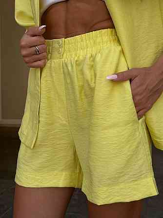 Женский летний базовый костюм двойка: шорты + рубашка свободного кроя лен бохо 42/44, Лимонный Одесса