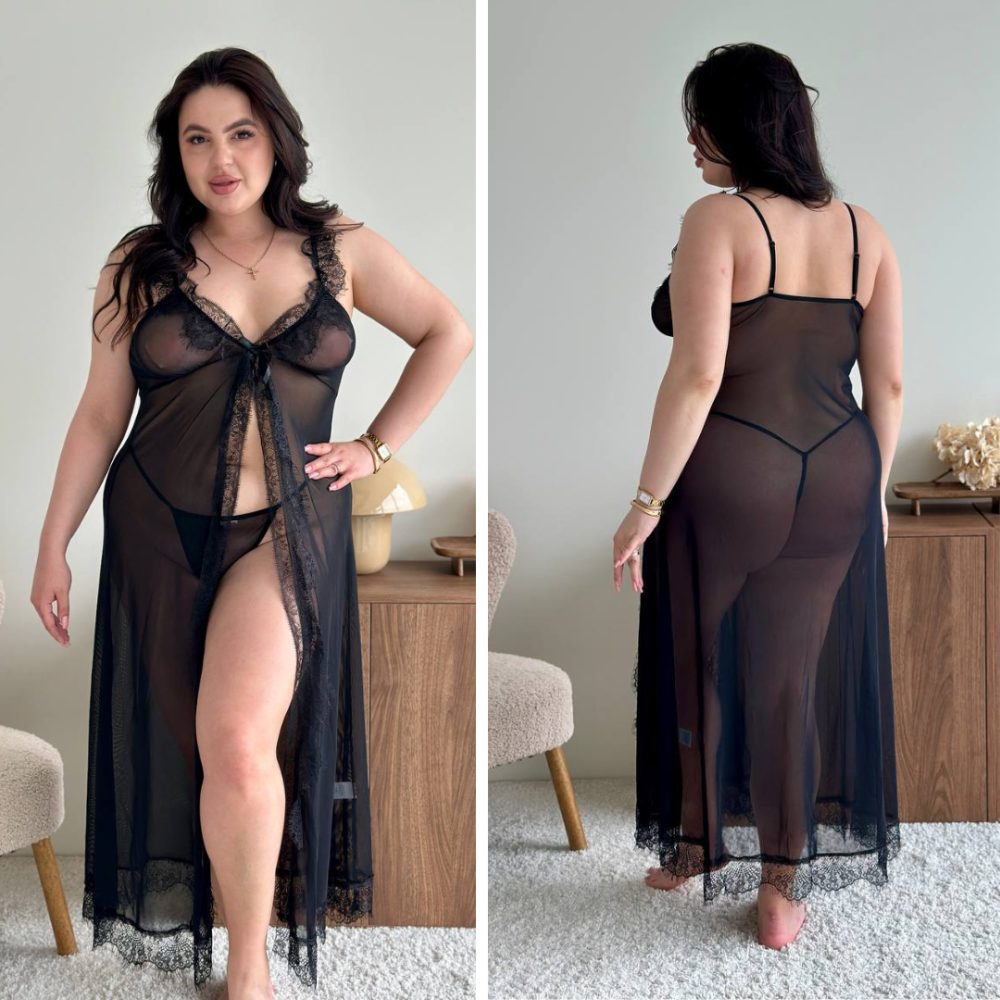 Еротичний пеньюар великих розмірів plus size прозорий з мереживом довгий з розрізом на бретелях з трусиками чорний 3XL Одеса - фото 1