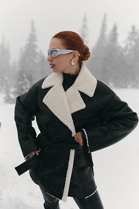 Женская стильная двубортная дубленка под пояс Черный, 44/46 Одесса - изображение 1