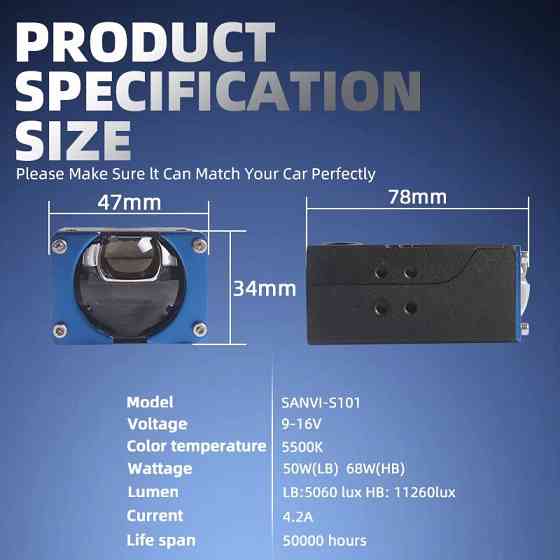 Протитуманні лінзи Sanvi Bi-LED S101 9-16V 50/68w 5500k LASER Харків