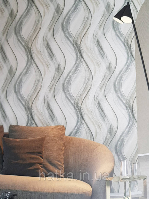 Шпалери вінілові на флізелін Marburg Shades чорні сірі смуги хвилі на світлому фоні Київ - фото 1