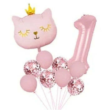 Фонтан с шаров цифра и кошка розовый 10 шт Киев - изображение 1