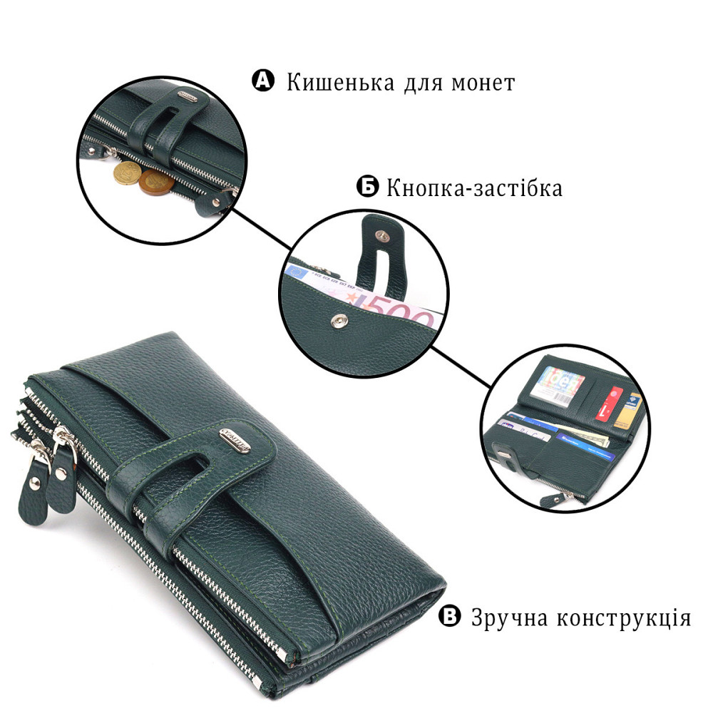 Місткий гаманець з натуральної зернистої шкіри CANPELLINI 21633 Зелений Київ - фото 4