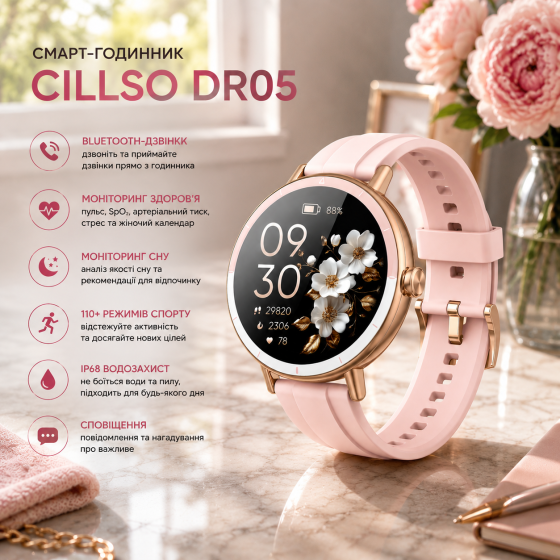 Смарт-часы для женщин Cillso DR05, 1,27″ HD, Bluetooth-звонки, пульс, сон, стресс, 110+ спортрежимов, IP68, розовый Киев