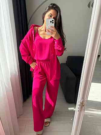 Женский базовый костюм тройка: рубашка майка и штаны креп жатка Малиновый, 46/48 Одесса