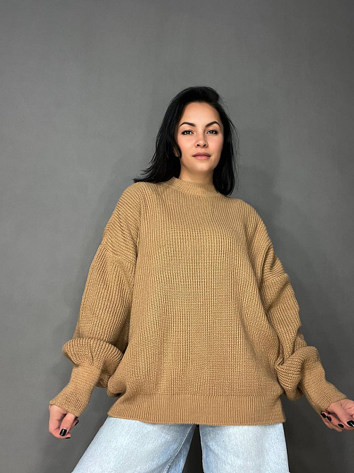 Свитер женский MIX RAY 6607 широкая модель оверсайз удлиненный, карамель, one size Киев - изображение 5