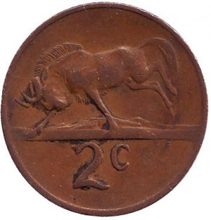 Білохвостий гну. Монета 2 центи. 1970-88 рік, Південна Африка.(Д) Полтава - фото 1