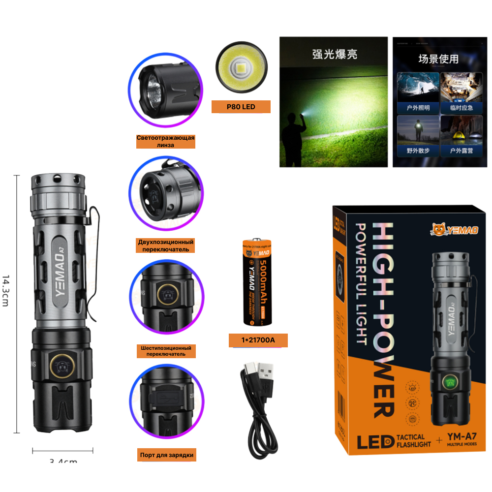 Ручний ліхтар YEMAO YM-А7, 2200LM, P80 LED, Zoom, 1x21700 акум, TYPE-C Дніпро - фото 1