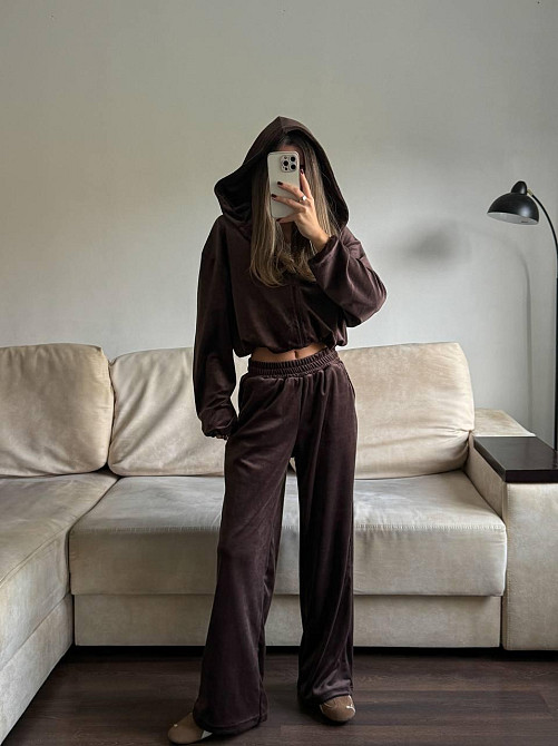 Женский стильный повседневный велюровый костюм велюр плюш Шоколад Одесса - изображение 3