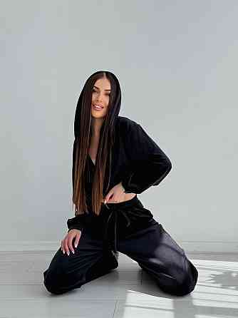 Женский стильный костюм двойка: кофта и штаны из плюш велюра Черный, 42/44 Одесса