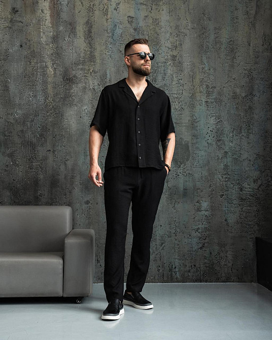 Лляний чоловічий костюм сорочка та штани літній чорний комплект повсякденний легкий Aero XXL Одеса - фото 3