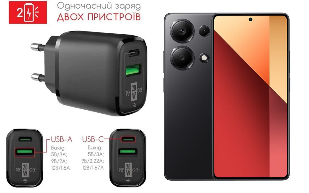 Сетевое зарядное устройство для Xiaomi Redmi Note 13 Pro 4G, Redmi Note 13 Pro+ 5G, 20W 3A, Quick Charge 3.0 Киев - изображение 1