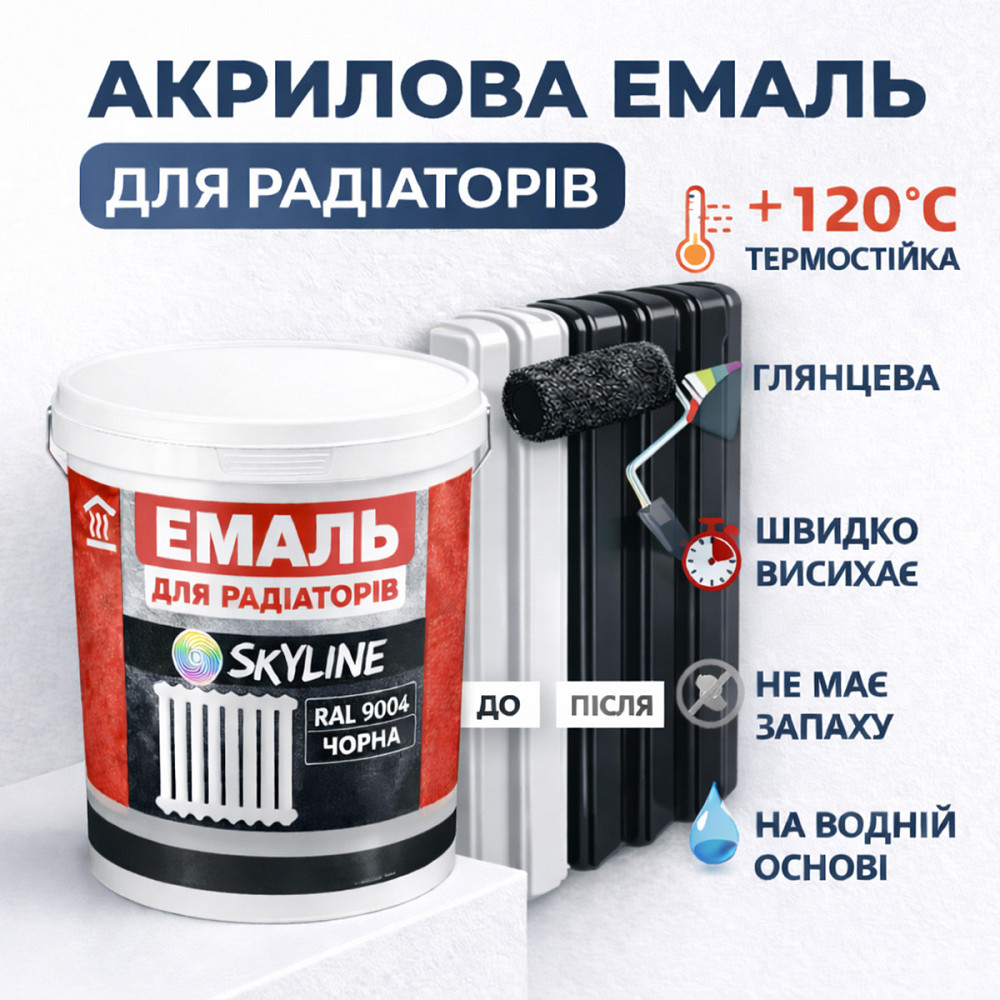 Акрилова емаль для радіаторів і труб опалення SkyLine, глянцева, термостійка, без запаху, чорна, 400 мл Харків - фото 3