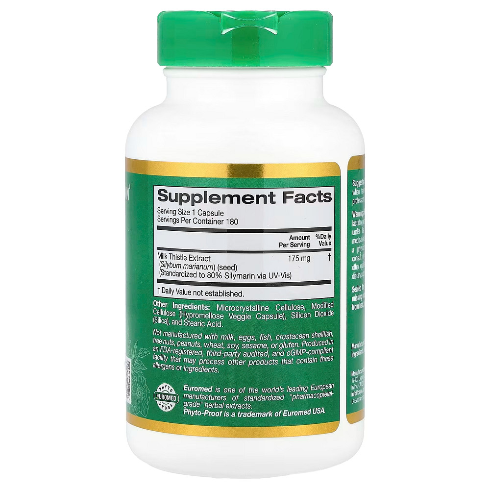 Екстракт розторопші California Gold Nutrition Milk Thistle Extract, EuroHerbs, European Quality, 175 mg, 180 Veggie Capsules Луцьк - фото 2