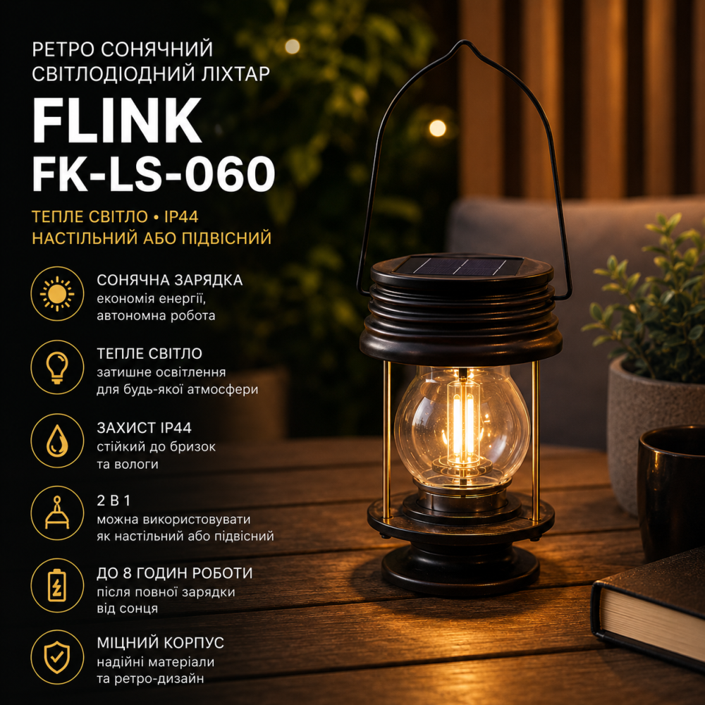 Ретро светодиодный солнечный фонарь FLINK FK-LS-060, IP44, тёплый свет, настольный или подвесной, чёрный, без оригинальной упаковк Киев - изображение 9