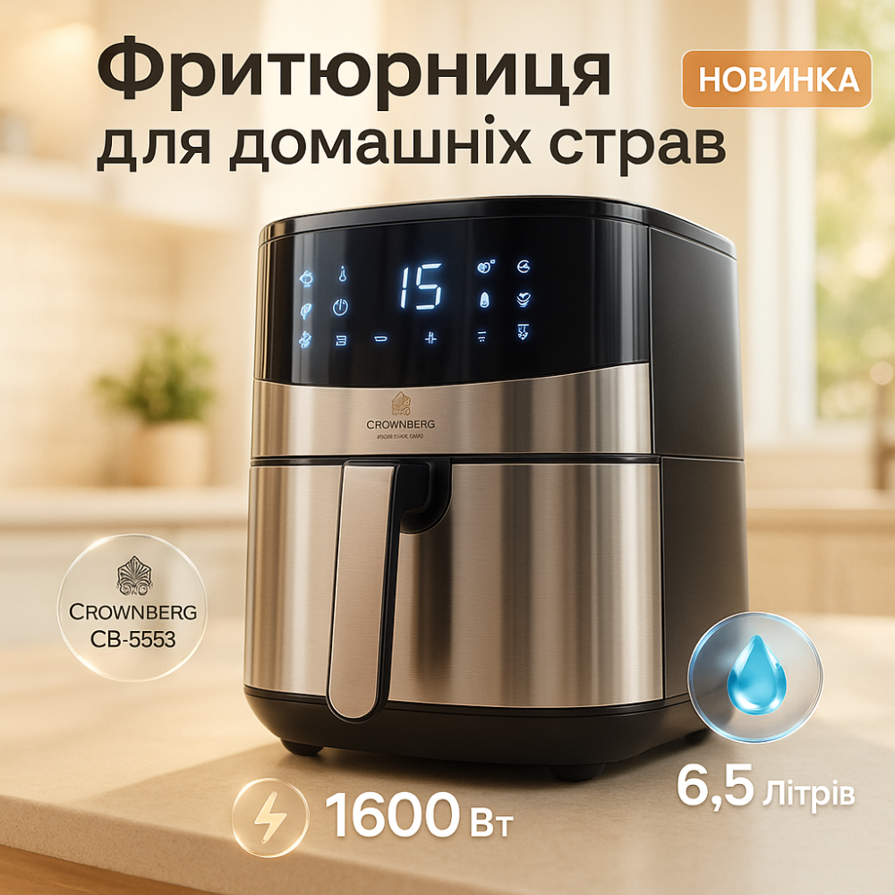Фритюрница без масла и жира Crownberg CB-5553 6.5Л 1600Вт, Мульти фритюрница, Аэрогриль для мяса QY-70 Львов - изображение 3