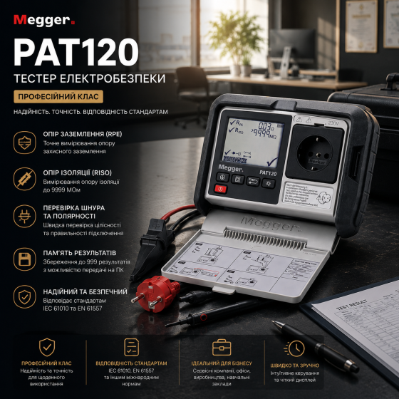 Тестер електробезпеки (PAT-тестер) Megger PAT120, вимірювання опору заземлення та ізоляції, професійний клас Київ