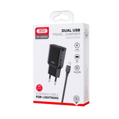 Зарядний пристрій XO L92C (2USB/2.4A) + USB - Lightning Чорний (XO-L92C-L) Вінниця - фото 2