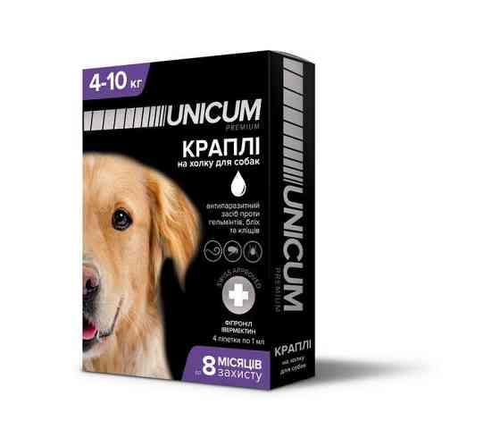 Капли Unicum Complex от гельминтов, блох и клещей на холку для собак 4-10 кг (упаковка 4 пипетки) Винница