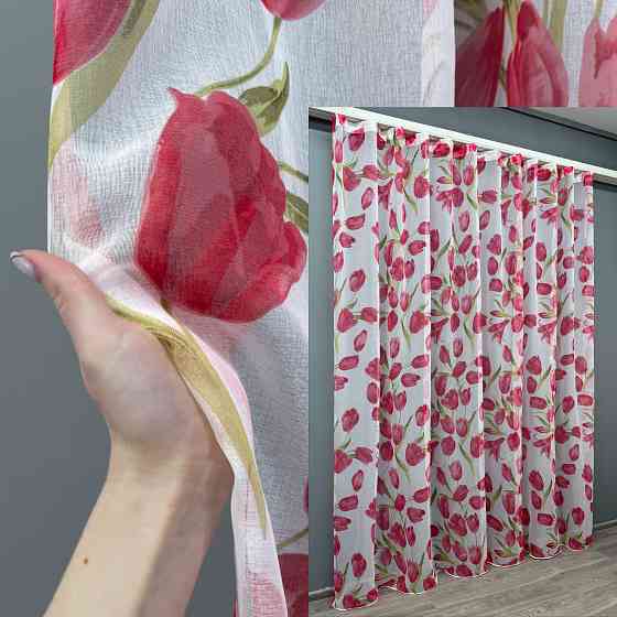 Тюль батист, колекція "Flora" колір білий з червоним квітковим принтом 1171т Київ