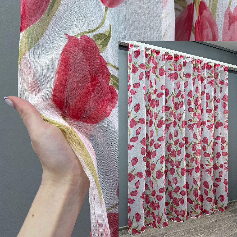 Тюль батист, колекція "Flora" колір білий з червоним квітковим принтом 1171т Київ - фото 1