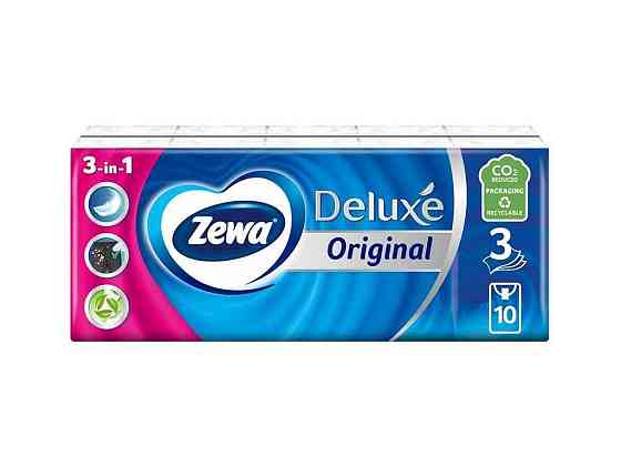 Носовые платки Deluxe белые, 3 слоя, (1блок/10пачок/10хусеток) ТМ ZEWA Киев