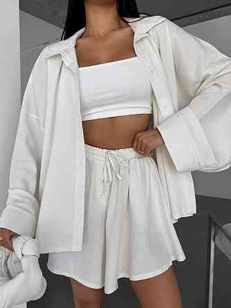 Жіночий літній прогулянковий оверсайз костюм двійка: сорочка і шорти льон Одеса