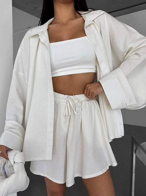 Женский летний прогулочный оверсайз костюм двойка: рубашка и шорты лен Одесса - изображение 1