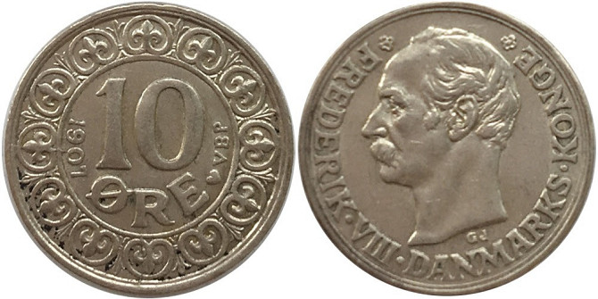 Монета 10 ері, 1907 Данія. Срібло Полтава - фото 1
