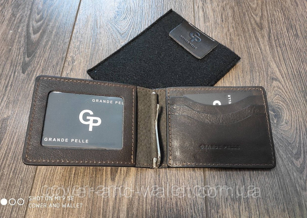 Зажим для денег и карточек из гладкой кожи ручной роботы Grande Pelle Черный Киев - изображение 4