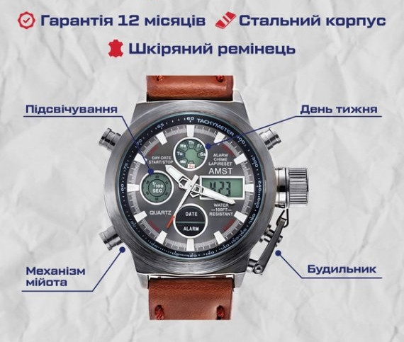 Годинник чоловічий тактичні водостійкий AMST Mountain Green (2 ремінці) Вінниця - фото 9