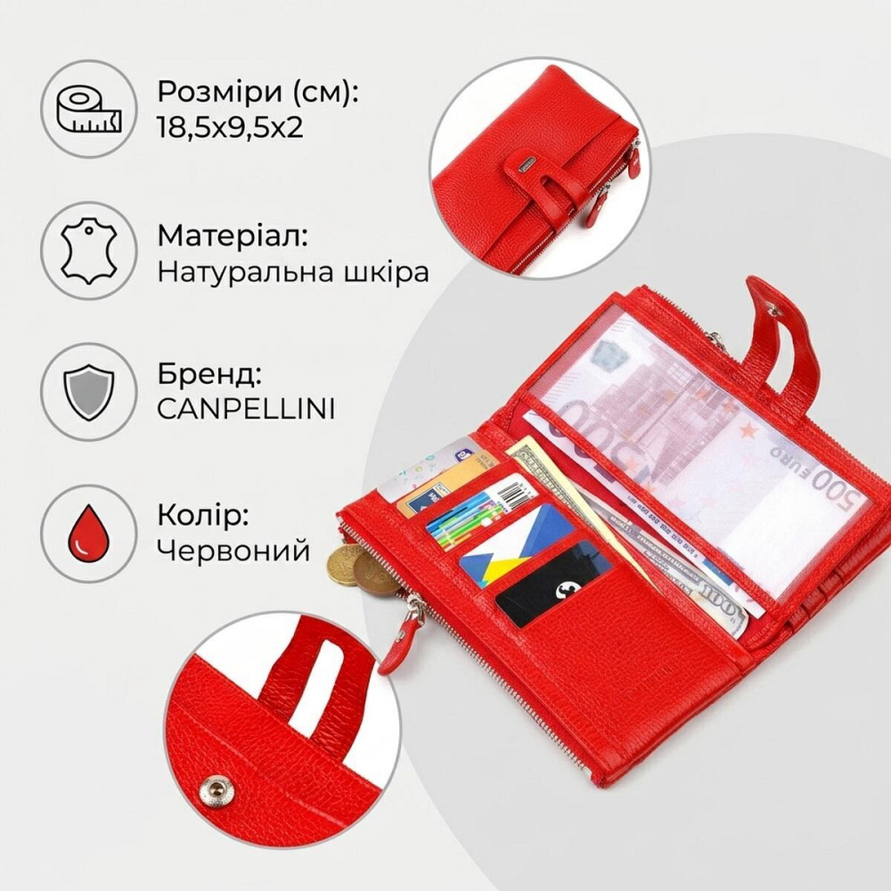 Яркий женский кошелек с удобным функционалом из натуральной кожи CANPELLINI 21895 Красный Киев - изображение 13