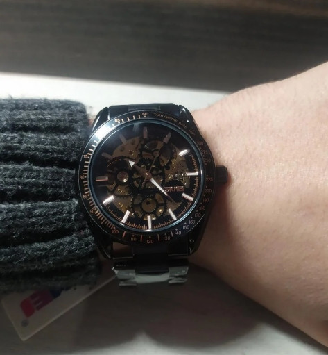 Чоловічий механічний годинник Skmei 9194 скелетон (Чорний) Вінниця - фото 8