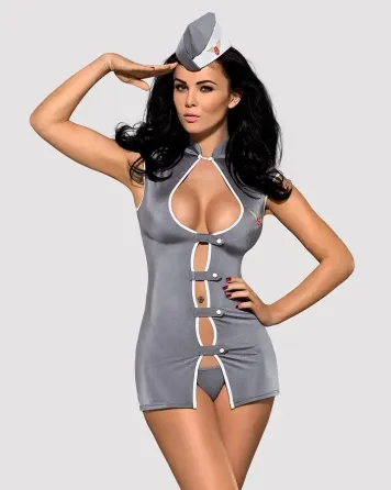 Еротичний костюм стюардеси Obsessive Stewardess 3 pcs costume grey L/XL, сірий, сукня, стрінги, піло Львов