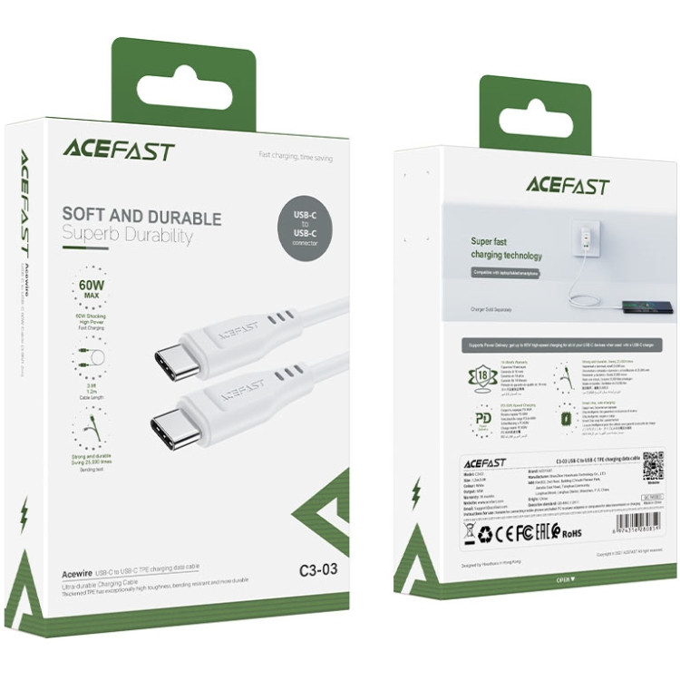 Кабель USB 2.0 Type-C M-M, 1.2м 60W TPE C3-03 White Acefast Вінниця - фото 4