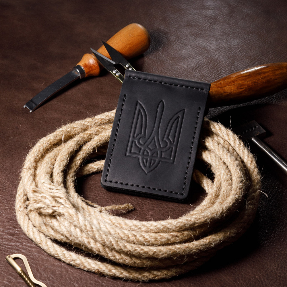 Затискач для купюр чоловічий шкіряний з відділеннями для карток, гаманець з тисненням Герб України, чорнийMasterSem Київ - фото 1