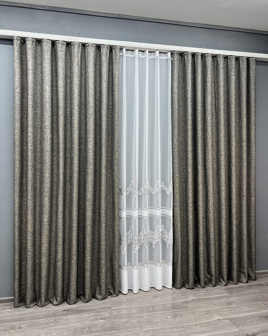 Комплект штор VR-Textil Лен ALORA-TON 200х270 2шт и Тюль 500х270 1871ш-1708т Серый с белым 71-203/6 Киев - изображение 3