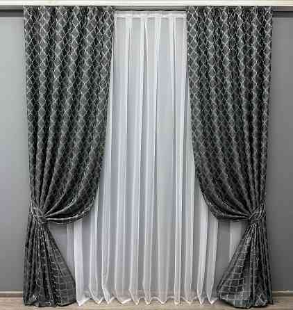 Комплект готовых штор VR-Textil Жаккард SAPFIR № 1754ш Графитовый с бирюзовым 100х300 см 2 шт (31-815) Киев